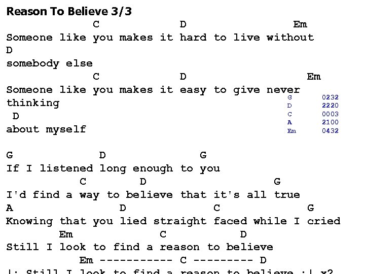 Reason To Believe 3/3 C D Em Someone like you makes it hard to