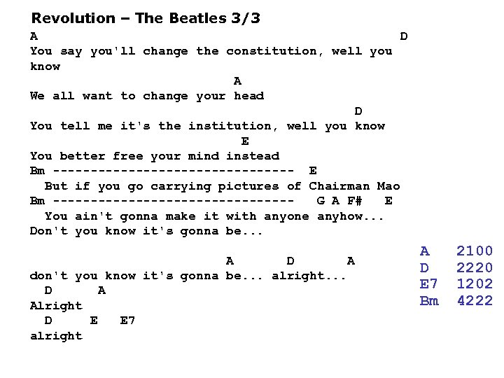 Revolution – The Beatles 3/3 A D You say you'll change the constitution, well