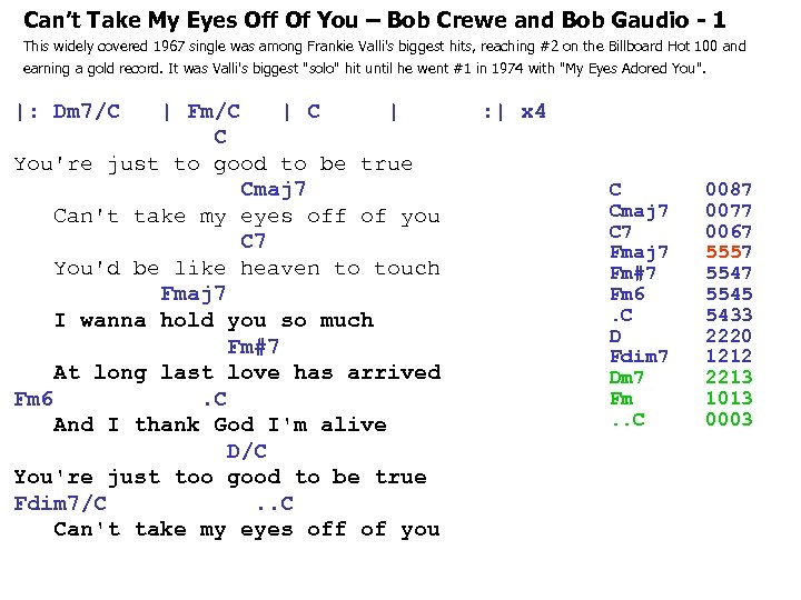 Can’t Take My Eyes Off Of You – Bob Crewe and Bob Gaudio -