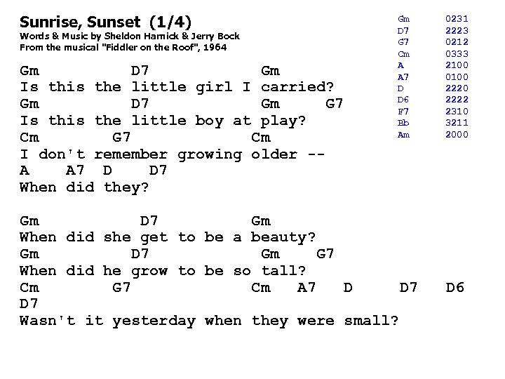 Sunrise, Sunset (1/4) Words & Music by Sheldon Harnick & Jerry Bock From the