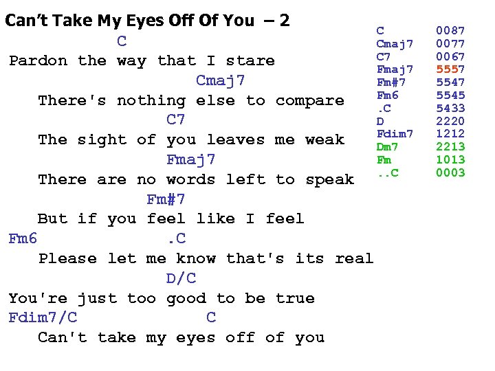 Can’t Take My Eyes Off Of You – 2 C C Cmaj 7 C