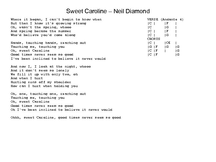 Sweet Caroline – Neil Diamond Where it began, I can't begin to know when