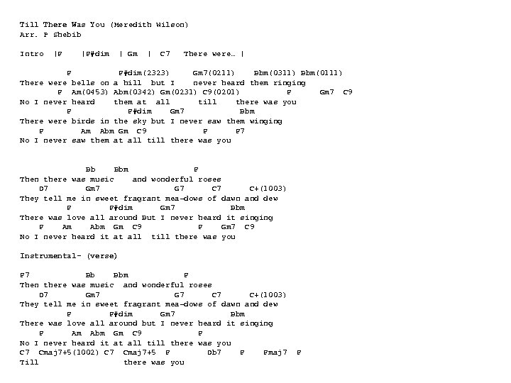 Till There Was You (Meredith Wilson) Arr. P Shebib Intro |F |F#dim | Gm