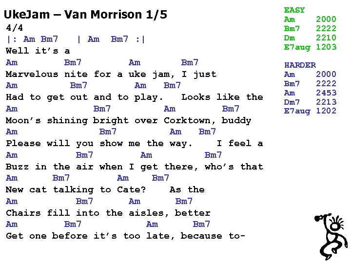 Uke. Jam – Van Morrison 1/5 4/4 |: Am Bm 7 | Am Bm