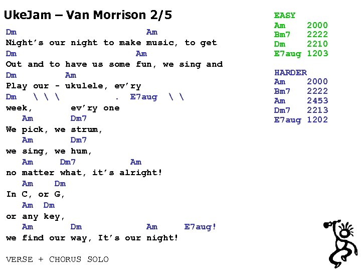 Uke. Jam – Van Morrison 2/5 Dm Am Night’s our night to make music,