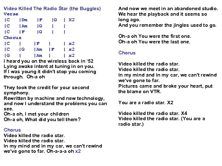 Video Killed The Radio Star (the Buggles) Verse |C |Dm |F |G | X