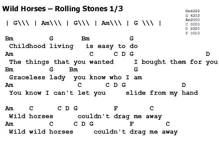 Wild Horses – Rolling Stones 1/3 | G\ | Am\ | G \ |