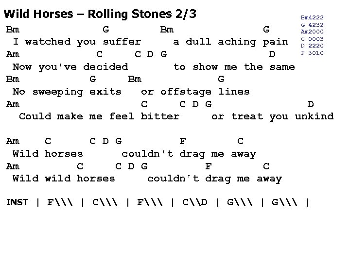 Wild Horses – Rolling Stones 2/3 Bm 4222 G 4232 Am 2000 C 0003