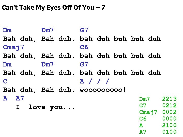 Can’t Take My Eyes Off Of You – 7 Dm Dm 7 Bah duh,