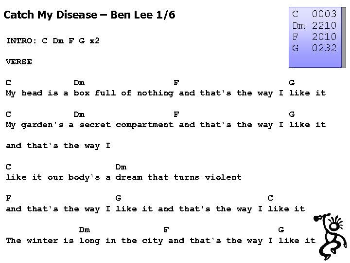 Catch My Disease – Ben Lee 1/6 INTRO: C Dm F G x 2