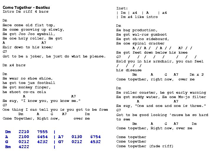 Come Together - Beatles Intro Dm riff 4 bars Dm Here come old flat