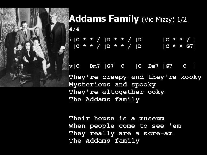 Addams Family (Vic Mizzy) 1/2 4/4 i|C * * / |D v|C Dm 7