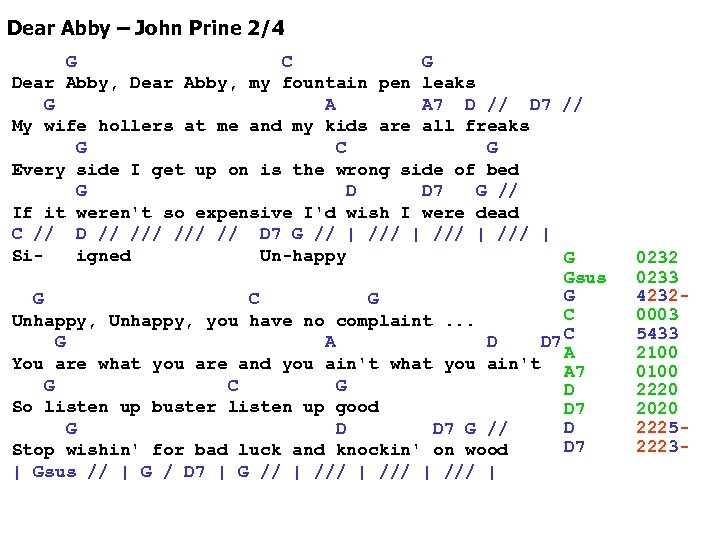 Dear Abby – John Prine 2/4 G C G Dear Abby, my fountain pen