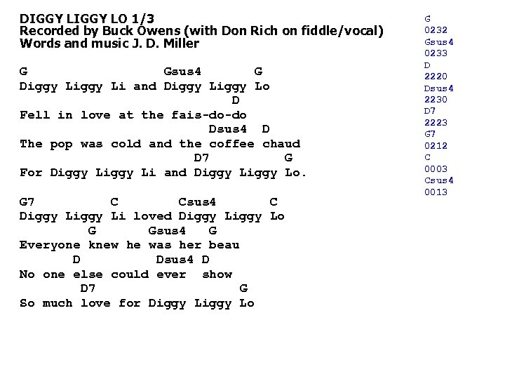 DIGGY LO 1/3 Recorded by Buck Owens (with Don Rich on fiddle/vocal) Words and