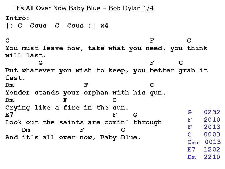 It’s All Over Now Baby Blue – Bob Dylan 1/4 Intro: |: C Csus