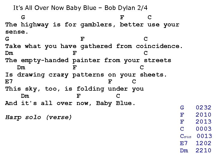 It’s All Over Now Baby Blue – Bob Dylan 2/4 G F C The