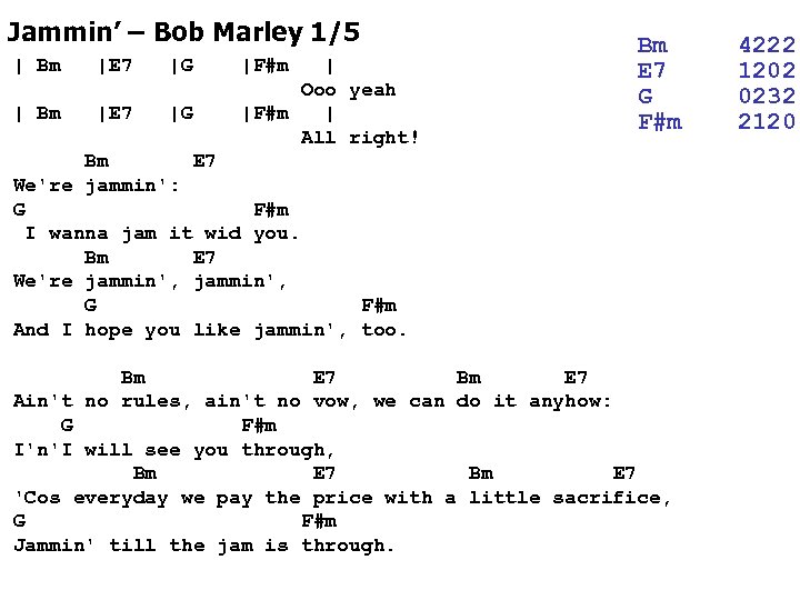 Jammin’ – Bob Marley 1/5 | Bm |E 7 |G |F#m | Ooo yeah