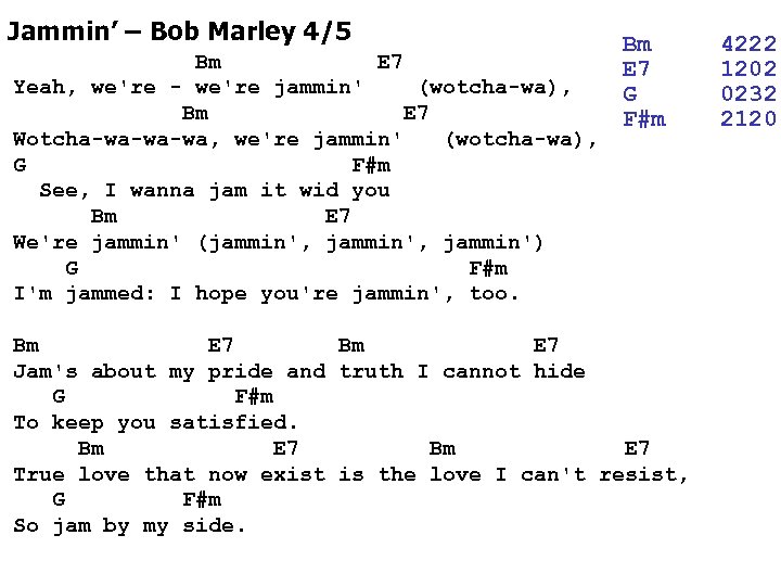 Jammin’ – Bob Marley 4/5 Bm E 7 Yeah, we're - we're jammin' (wotcha-wa),