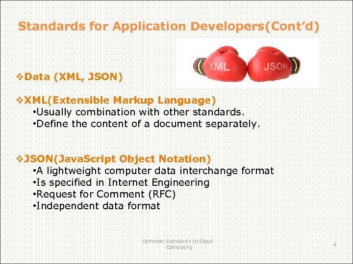 Standards for Application Developers(Cont’d) v. Data (XML, JSON) v. XML(Extensible Markup Language) • Usually