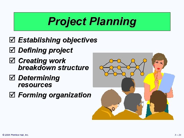 Project Planning þ Establishing objectives þ Defining project þ Creating work breakdown structure þ