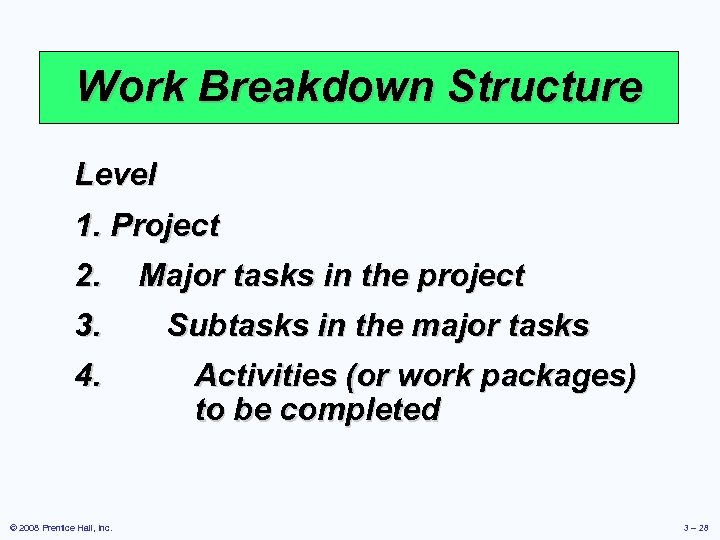 Work Breakdown Structure Level 1. Project 2. Major tasks in the project 3. 4.