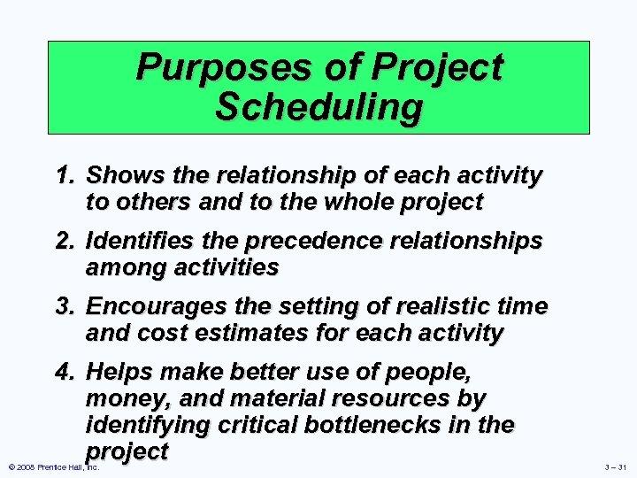 Purposes of Project Scheduling 1. Shows the relationship of each activity to others and