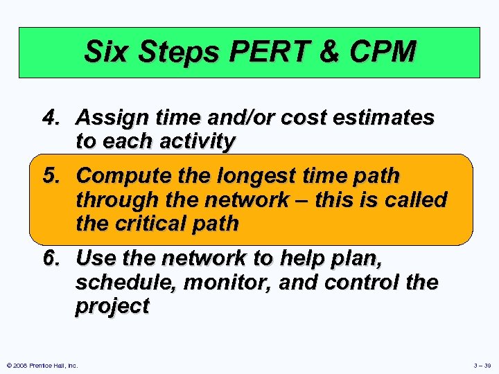 Six Steps PERT & CPM 4. Assign time and/or cost estimates to each activity