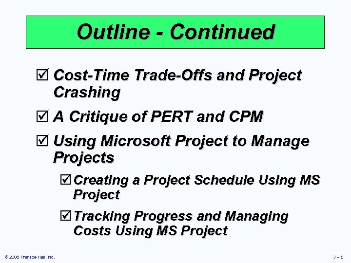 Outline - Continued þ Cost-Time Trade-Offs and Project Crashing þ A Critique of PERT