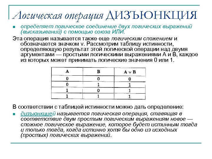 Логическая операция ДИЗЪЮНКЦИЯ определяет логическое соединение двух логических выражений (высказываний) с помощью союза ИЛИ.