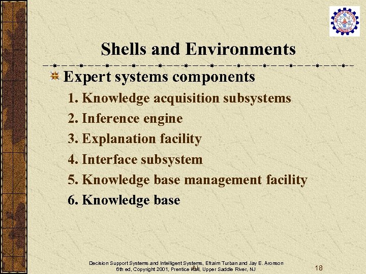 Shells and Environments Expert systems components 1. Knowledge acquisition subsystems 2. Inference engine 3.