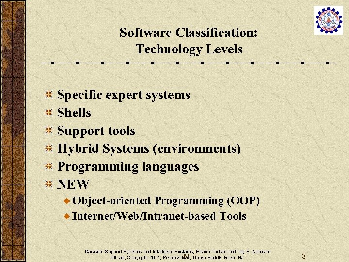 Software Classification: Technology Levels Specific expert systems Shells Support tools Hybrid Systems (environments) Programming