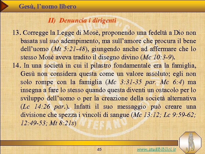 Gesù, l’uomo libero II) Denuncia i dirigenti 13. Corregge la Legge di Mosè, proponendo