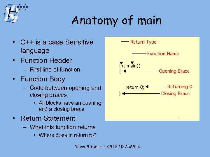 Anatomy of main • C++ is a case Sensitive language • Function Header –