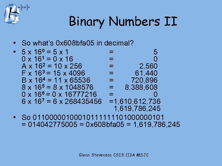 Binary Numbers II • So what’s 0 x 608 bfa 05 in decimal? •