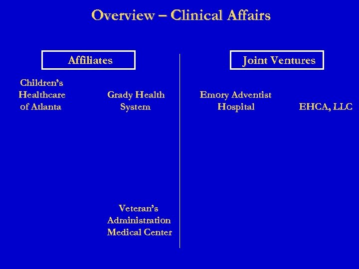 Overview – Clinical Affairs Affiliates Children’s Healthcare of Atlanta Grady Health System Veteran’s Administration