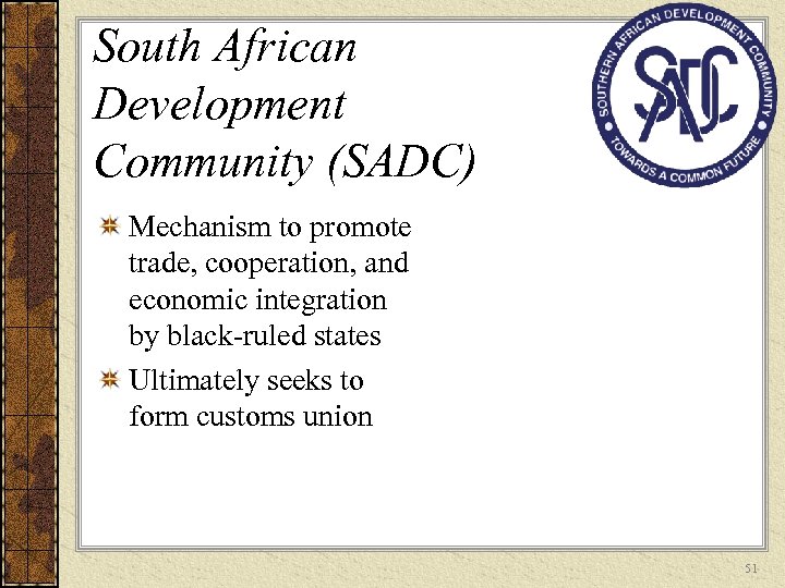 South African Development Community (SADC) Mechanism to promote trade, cooperation, and economic integration by