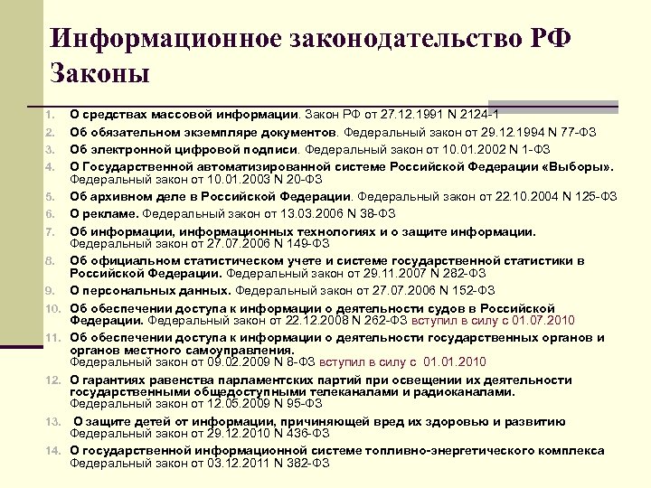 Информационное законодательство РФ Законы 1. 2. 3. 4. 5. 6. 7. 8. 9. 10.