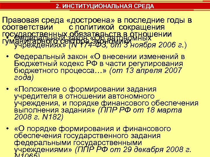 2. ИНСТИТУЦИОНАЛЬНАЯ СРЕДА Правовая среда «достроена» в последние годы в соответствии с политикой сокращения