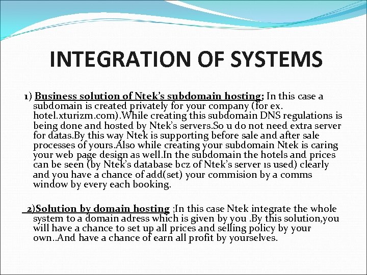 INTEGRATION OF SYSTEMS 1) Business solution of Ntek’s subdomain hosting; In this case a