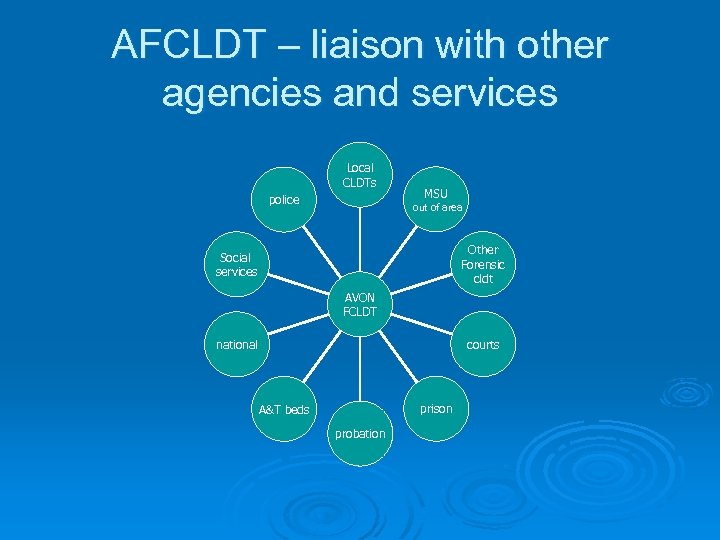 AFCLDT – liaison with other agencies and services Local CLDTs police MSU out of