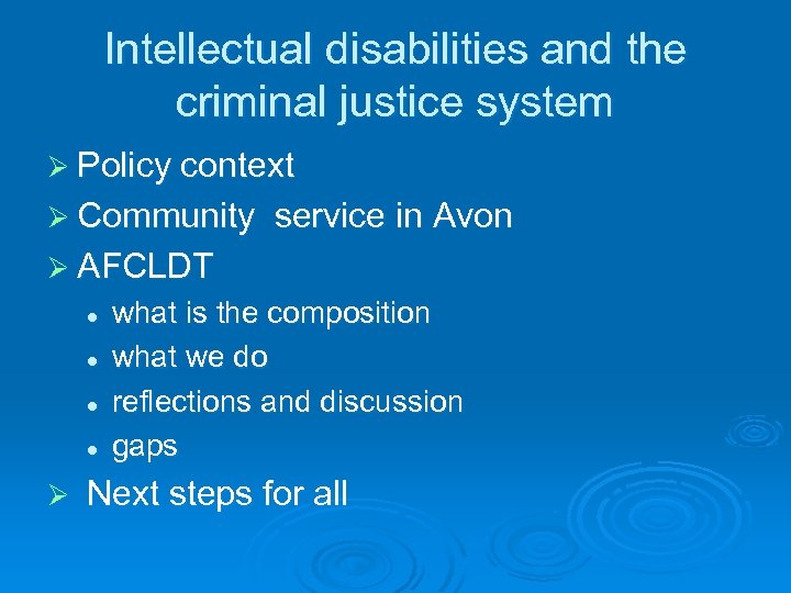 Intellectual disabilities and the criminal justice system Ø Policy context Ø Community service in