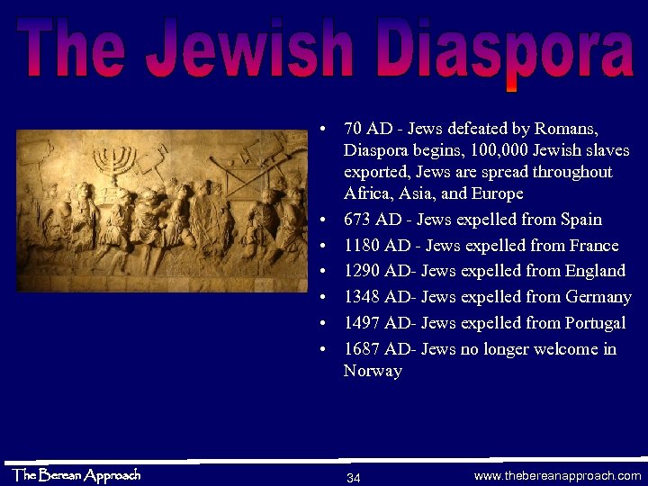  • 70 AD - Jews defeated by Romans, Diaspora begins, 100, 000 Jewish
