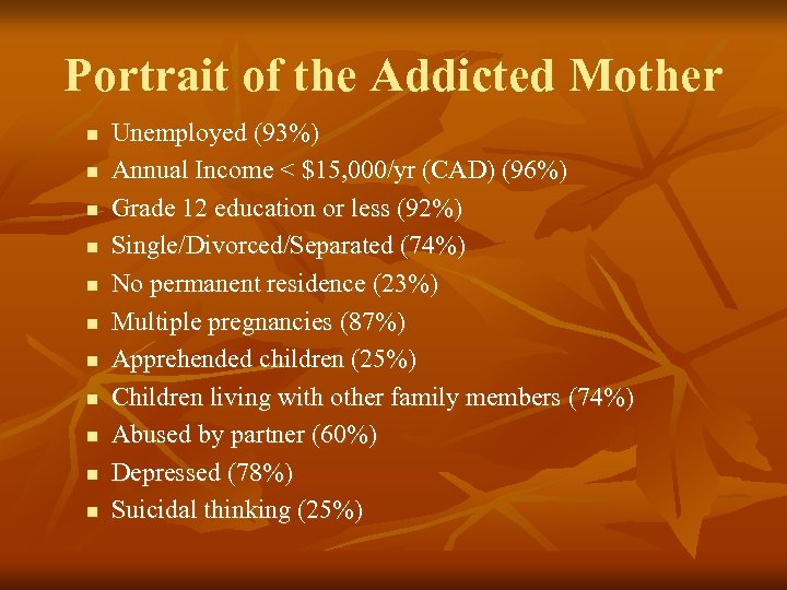 Portrait of the Addicted Mother n n n Unemployed (93%) Annual Income < $15,