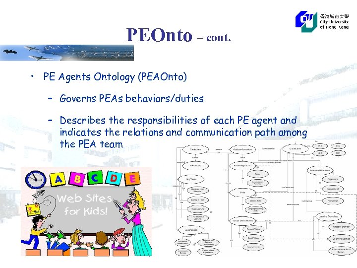 PEOnto – cont. • PE Agents Ontology (PEAOnto) – Governs PEAs behaviors/duties – Describes