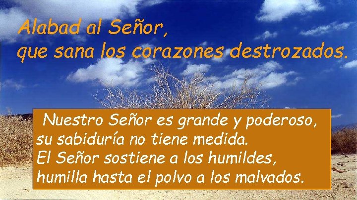 Alabad al Señor, que sana los corazones destrozados. Nuestro Señor es grande y poderoso,
