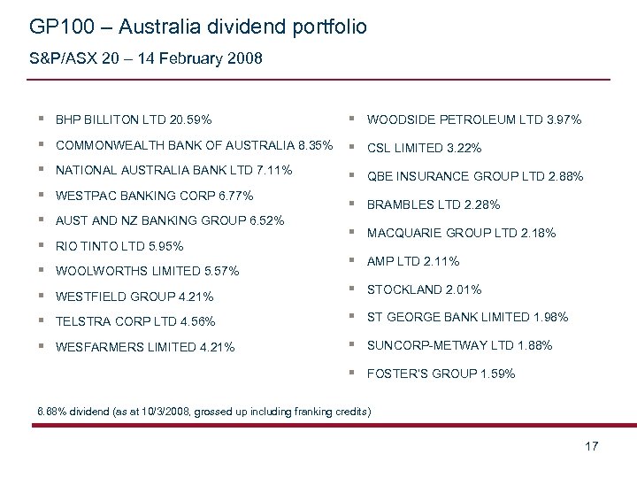 GP 100 – Australia dividend portfolio S&P/ASX 20 – 14 February 2008 § BHP