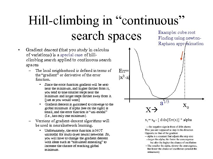 Hill-climbing in “continuous” search spaces Example: cube root Finding using newton. Raphson approximation •