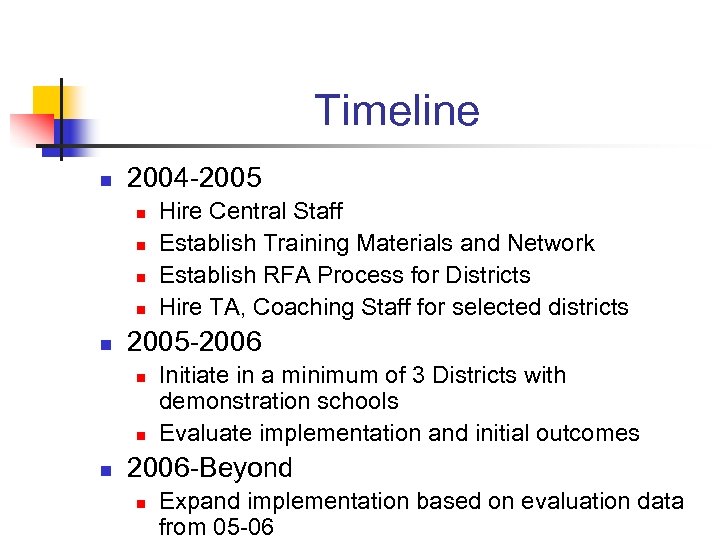 Timeline n 2004 -2005 n n n 2005 -2006 n n n Hire Central