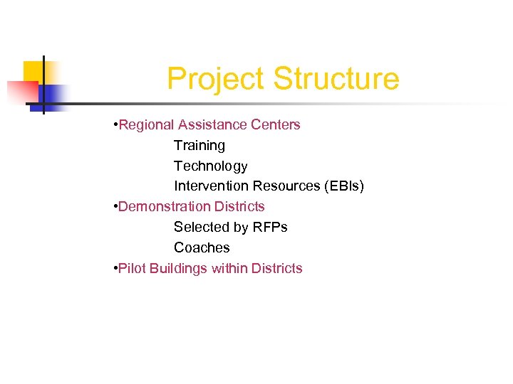 Project Structure • Regional Assistance Centers Training Technology Intervention Resources (EBIs) • Demonstration Districts