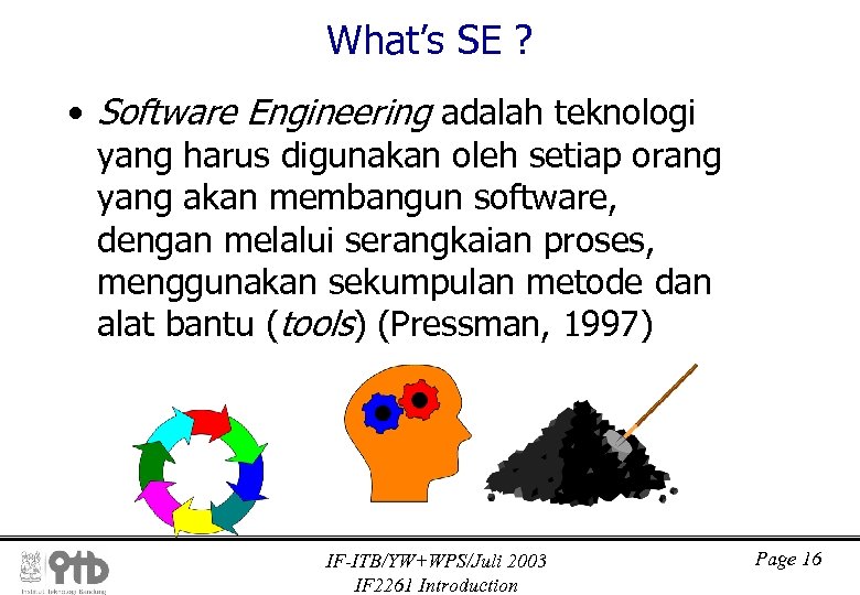 What’s SE ? • Software Engineering adalah teknologi yang harus digunakan oleh setiap orang